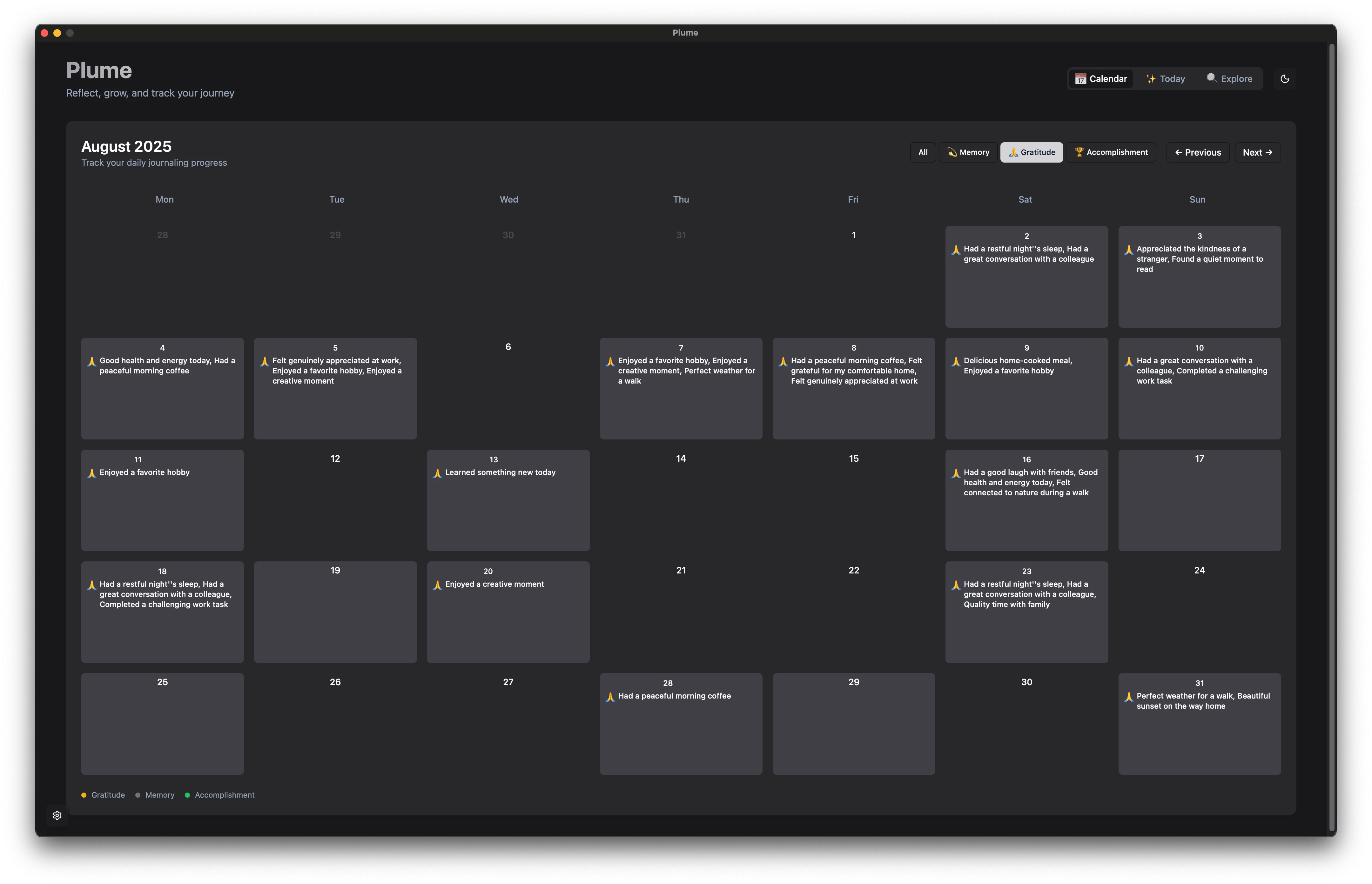 Plume gratitude journal — daily gratitude prompts
