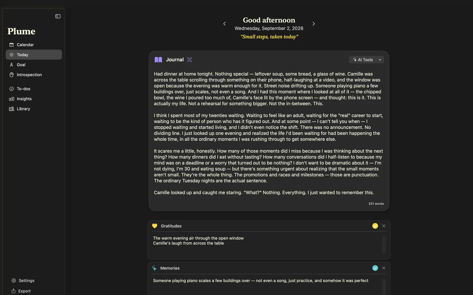 Plume on Mac: today's entry with journal, gratitude and memories