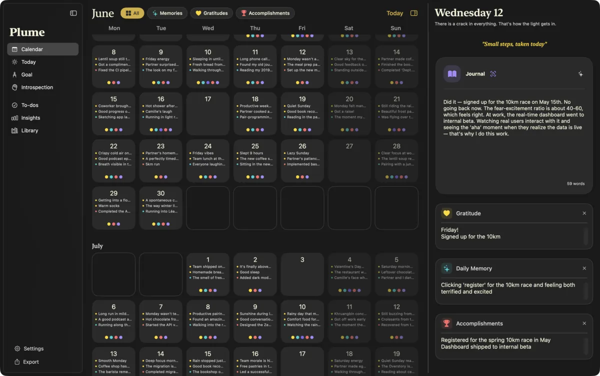 Plume’s calendar with the selected day open beside it