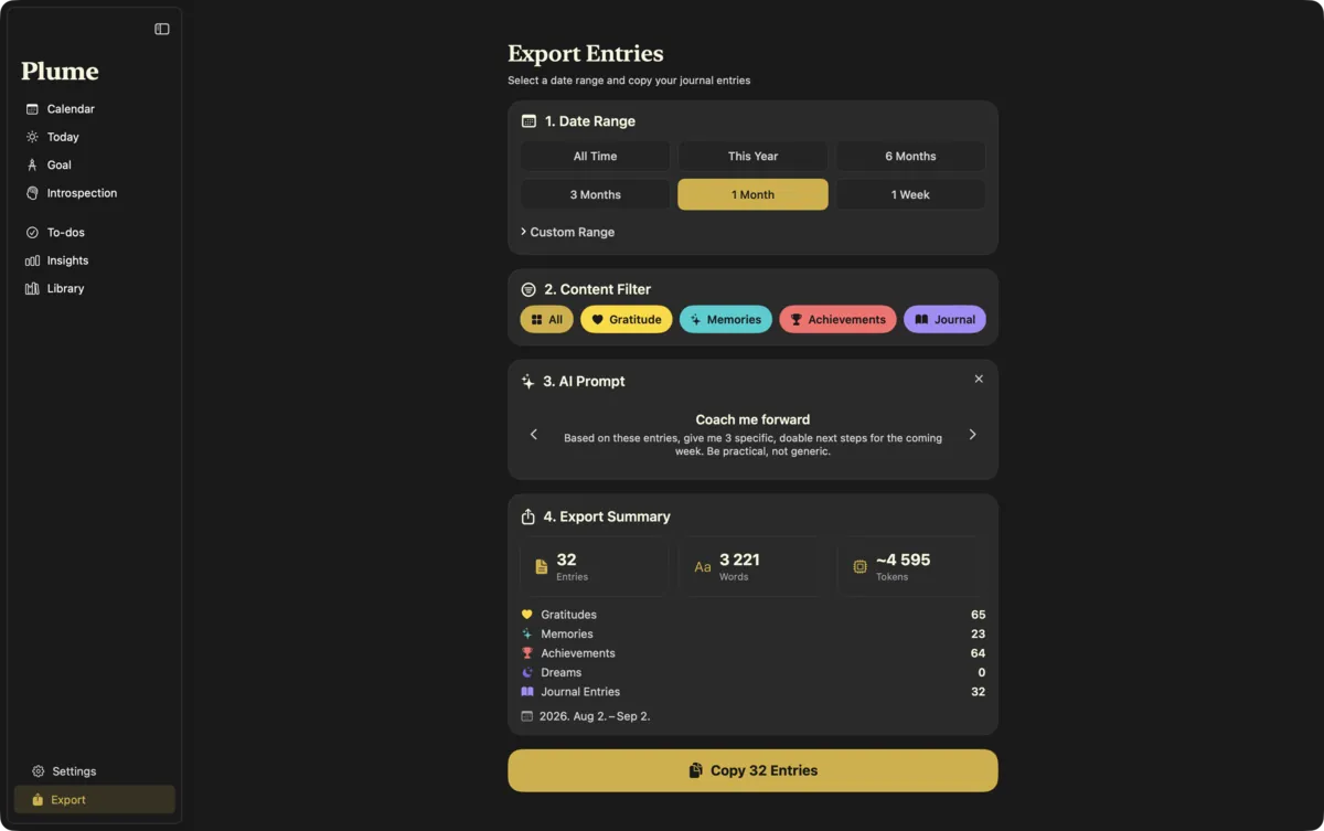 Plume export screen with date range, filters and a summary