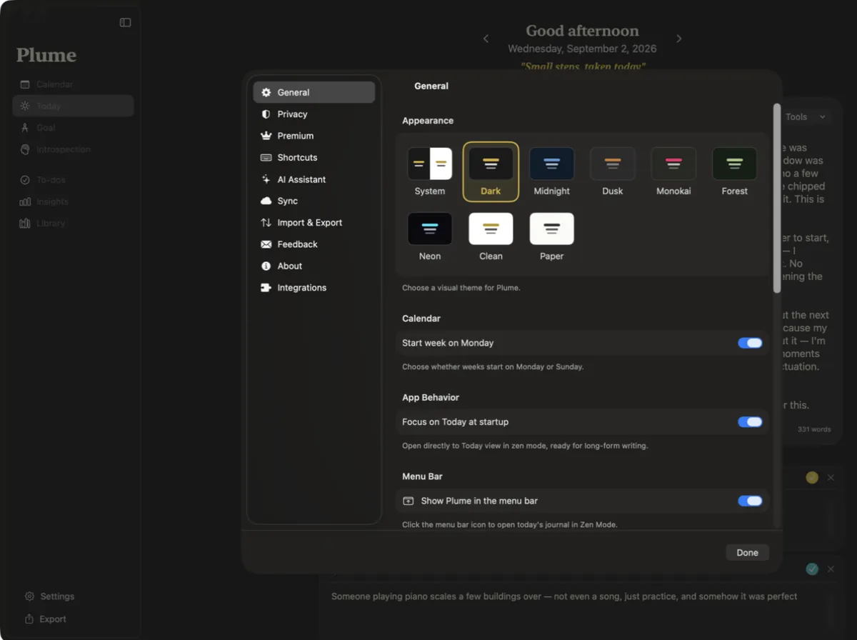 Plume settings showing nine colour themes