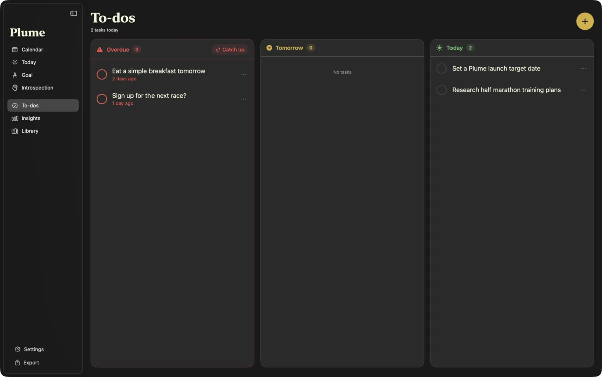 Plume to-do board with overdue, tomorrow and today columns