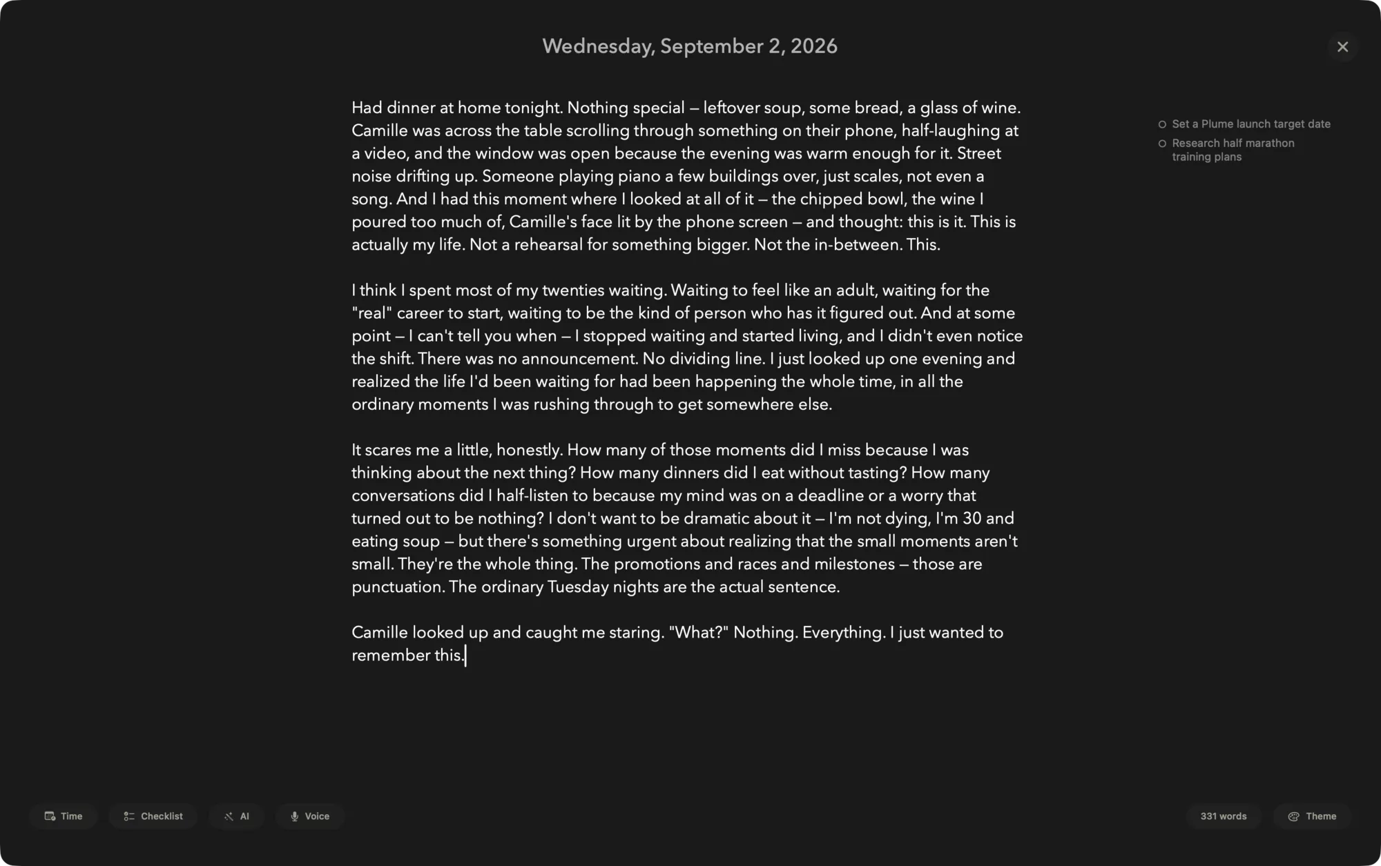 Plume Zen Mode on Mac: a single day's entry on an empty dark page