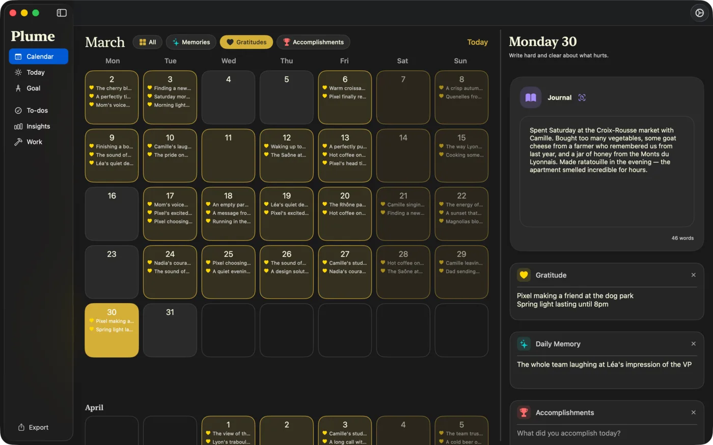 Le calendrier de Plume, une entrée par jour, filtré sur les gratitudes