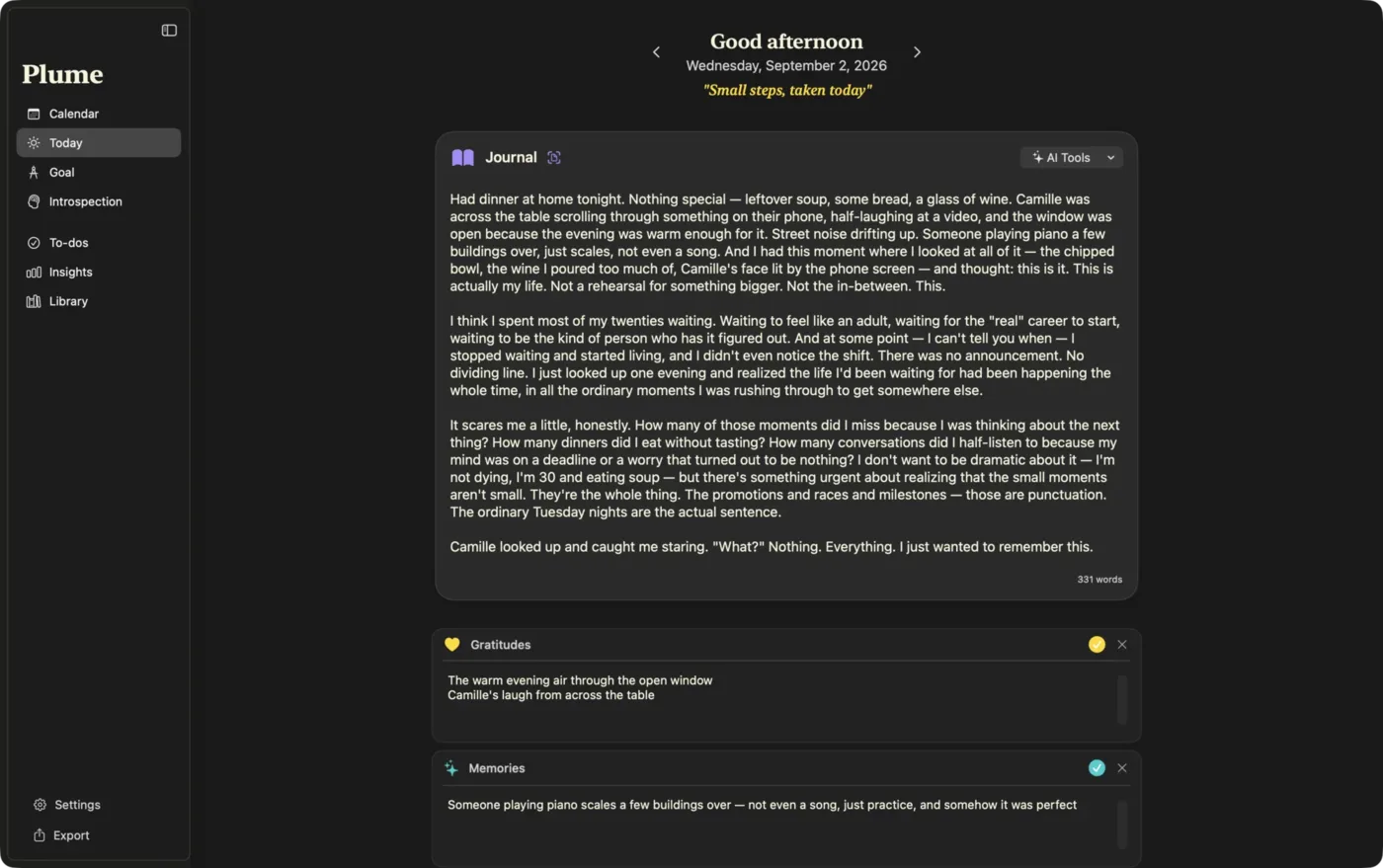 Plume sur Mac : l’entrée du jour, avec une page de journal, des gratitudes et des souvenirs