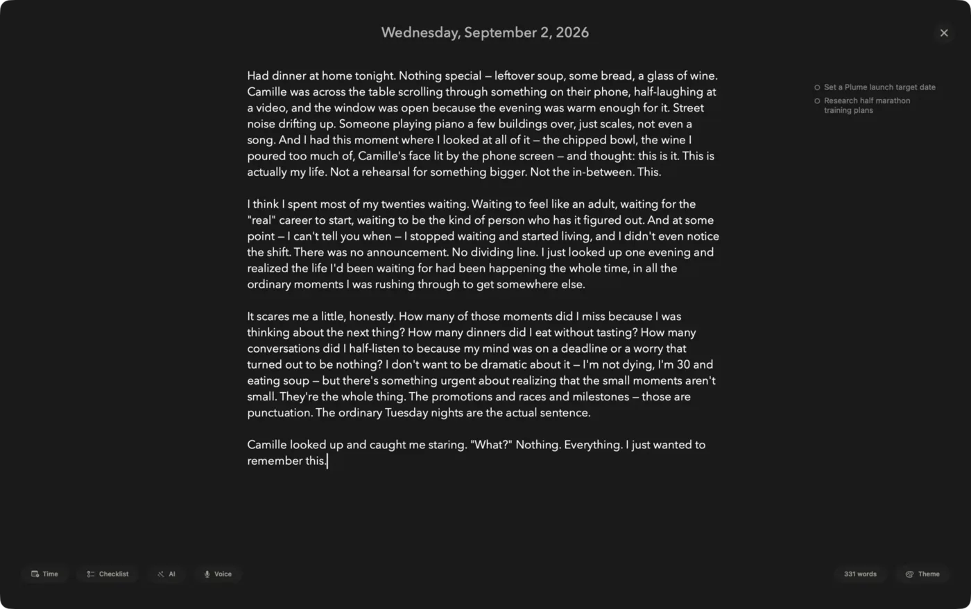 Le mode Zen de Plume : une page d’écriture plein écran, rien d’autre que le texte